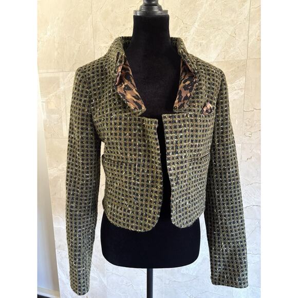 Carlisle Tweed Cropped Blazer 6 Green Black Leopard Statement Jacket Office Chic - Picture 6 of 13